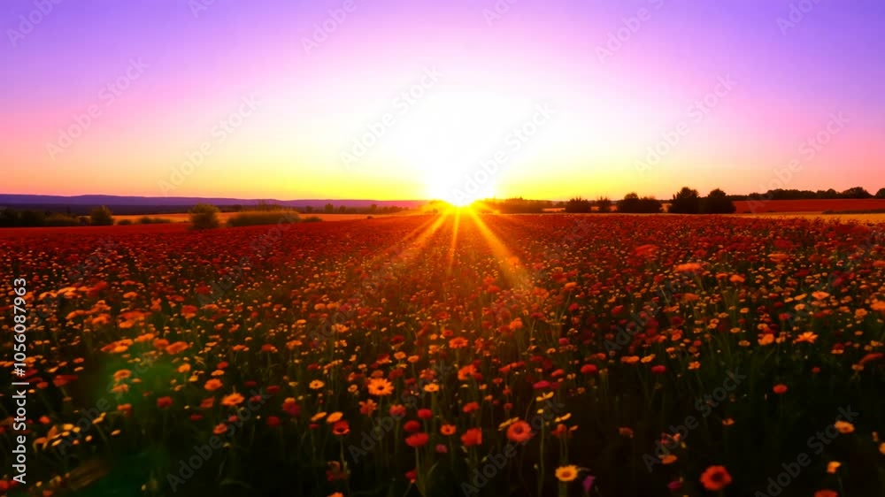 background summer video sunset nature landscape view looping wildflowers 4K time-lapse seamless meadow sunrise cloud field grass green sky mountain spring colours graphic harvest horizon layer open p