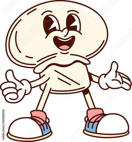 Groovy champignon mushroom vegetable character in retro comic cartoon, vector personage. Groovy funky champignon mushroom with happy face and thumb up in good vibes for vegetable cartoon character