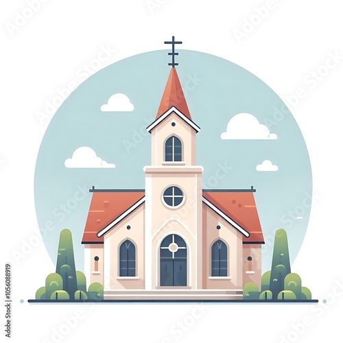  Flat, isolated illustration of a traditional church with a tall steeple and cross on top. Simple design with clean lines and neutral colors, ideal for religious or architectural themes.