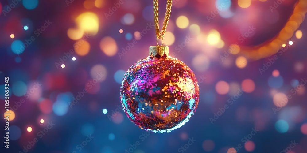 Fototapeta premium Sparkling Christmas ornament with sequins and golden rope, perfect for holiday decorations