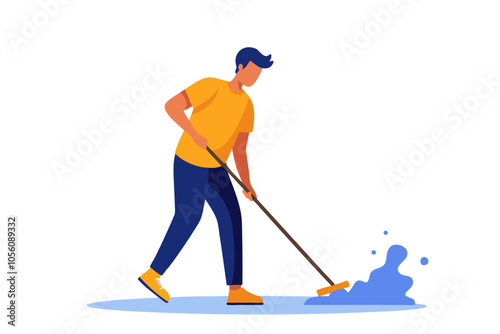 Flat Line Art of Janitor Cleaning Floor Mopping Vector Design