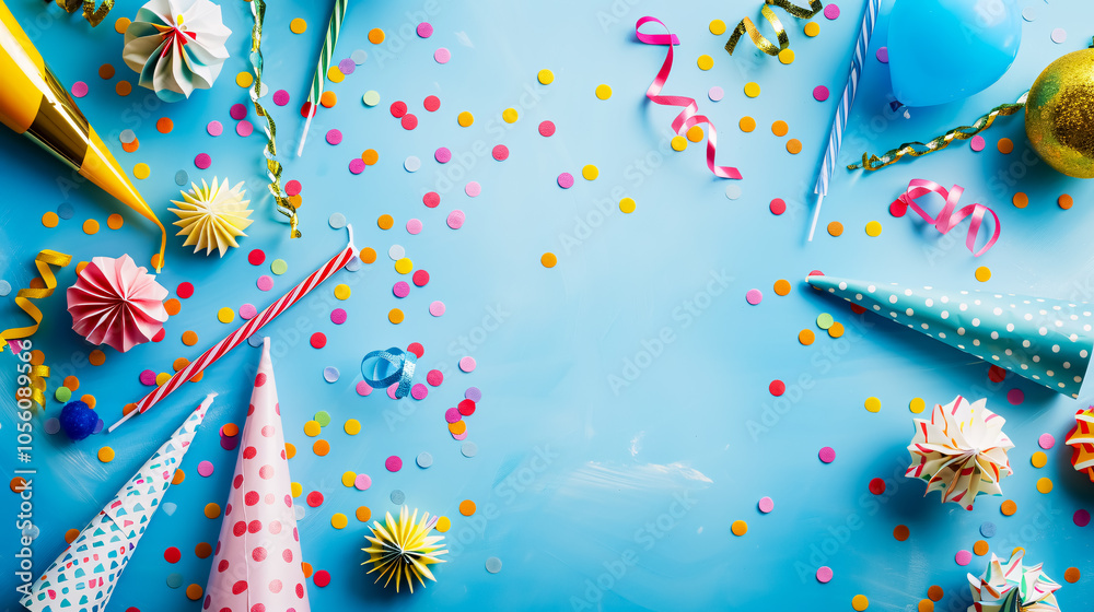 Fototapeta premium Birthday party caps, blowers, and candles on a blue background.