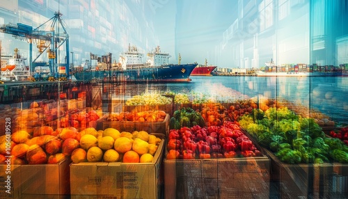 Fototapeta Naklejka Na Ścianę i Meble -  Dynamic double exposure  fruits and vegetables in boxes amidst cargo ships at a busy dock