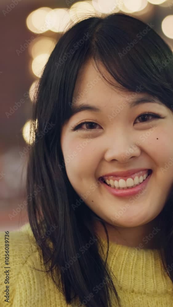 Face, smile and teeth of Asian woman on bokeh for tourism or travel with positive emotion. Adventure, happy and portrait of tourist person in Japan at night for break or trip with good mood Face, smile and teeth of Asian woman on bokeh for tourism or travel with positive emotion. Adventure, happy and portrait of tourist person in Japan at night for break or trip with good mood