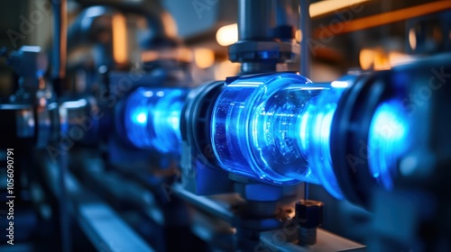 A close-up of a glowing blue industrial pipe, showcasing technology in a factory setting.