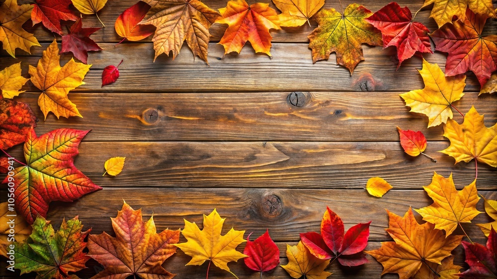 Obraz premium Vibrant autumn leaves with golden yellow, orange, and red hues scattered across a wooden background, decoration, scenery, greenery