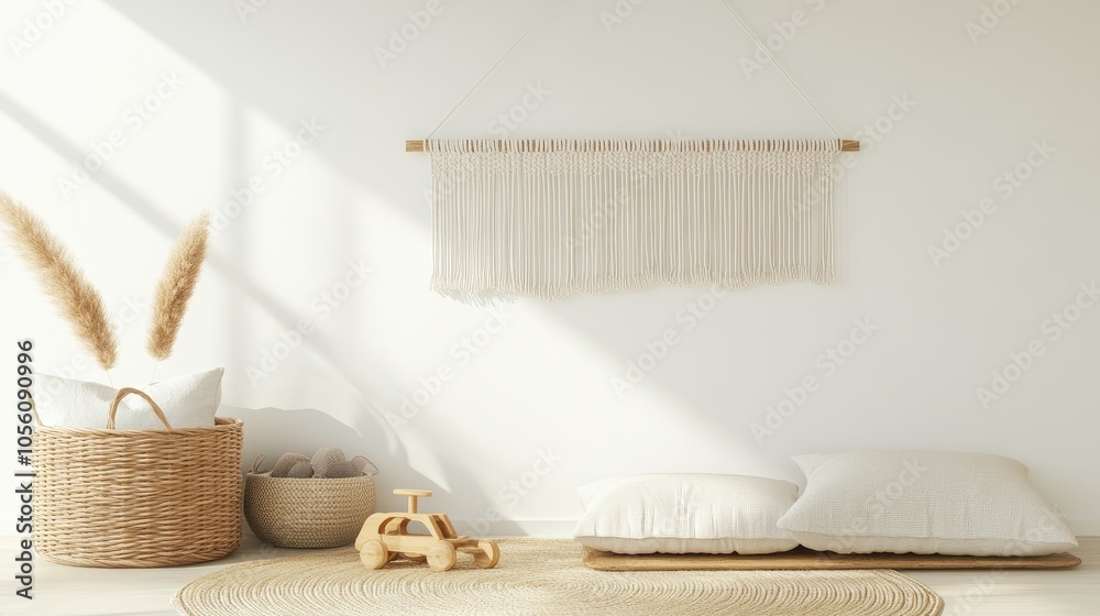 This children's room features a stylish macrame wall hanging in a beige and white palette, complemented by wooden toys and a cozy basket, all against a soft grey background This children's room features a stylish macrame wall hanging in a beige and white palette, complemented by wooden toys and a cozy basket, all against a soft grey background