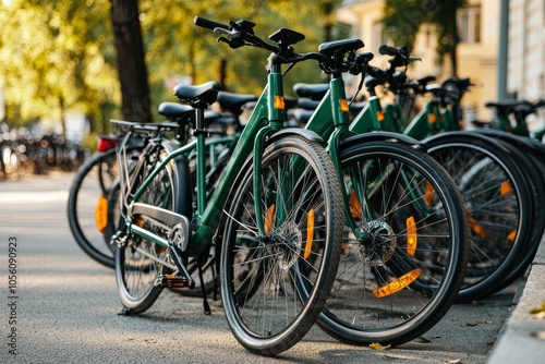 Eco friendly electric bicycles for rent in city center parking lot  sustainable urban transportation