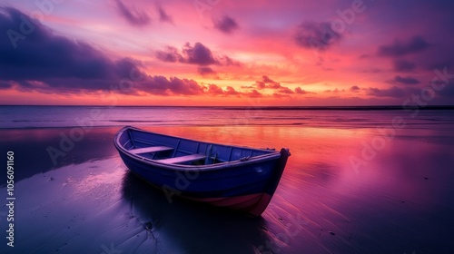 A small boat on the beach, sunset sky lanscape photography