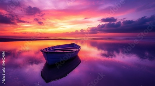 A small boat on the beach, sunset sky lanscape photography