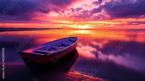A small boat on the beach, sunset sky lanscape photography