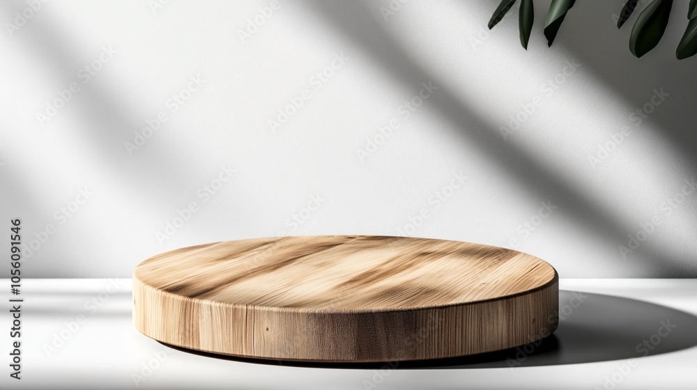 Round wooden platform on a white surface with shadow of leaves Round wooden platform on a white surface with shadow of leaves