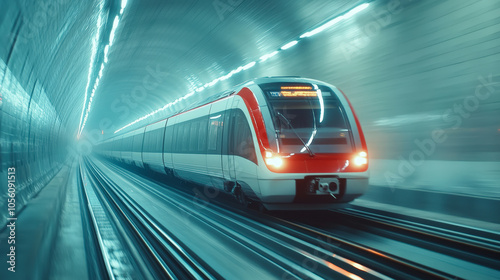 A sleek, modern train speeds through a well-lit tunnel, showcasing advanced transportation technology and the dynamic movement of urban rail travel.