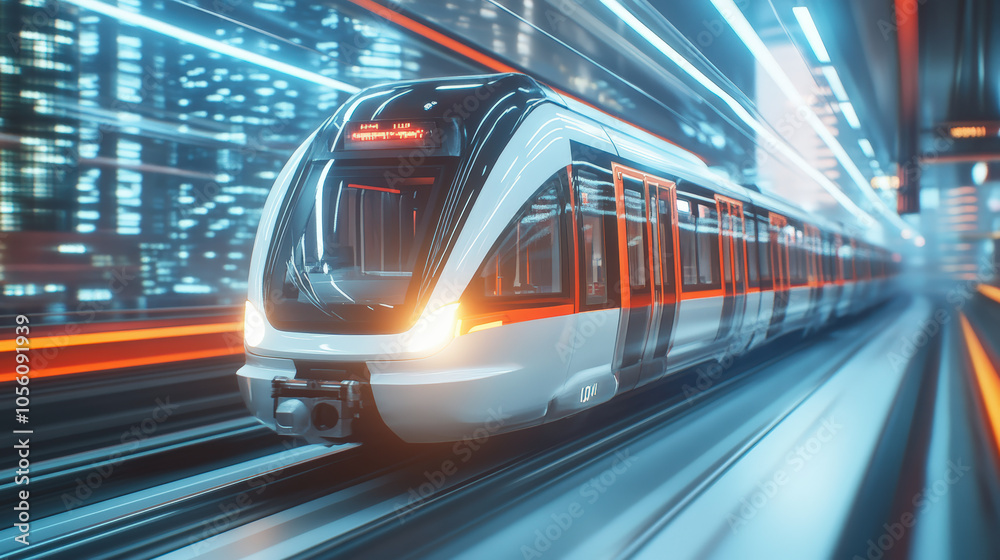 A futuristic high-speed train moves swiftly through a brightly lit cityscape, creating a sense of rapid motion and modern urban transportation. A futuristic high-speed train moves swiftly through a brightly lit cityscape, creating a sense of rapid motion and modern urban transportation.