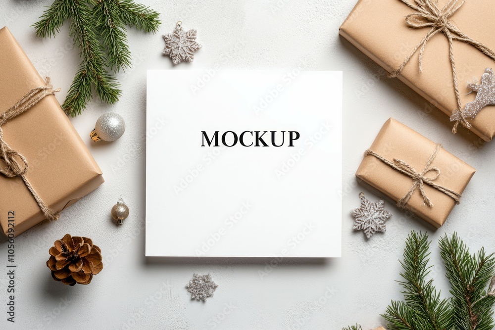 Text MOCKUP written in black on it, surrounded by Christmas decorations and pine branches, on a white background. Text MOCKUP written in black on it, surrounded by Christmas decorations and pine branches, on a white background.