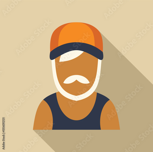 Minimalist vector illustration of an older man with white beard and mustache, wearing an orange baseball cap and a dark blue sleeveless shirt