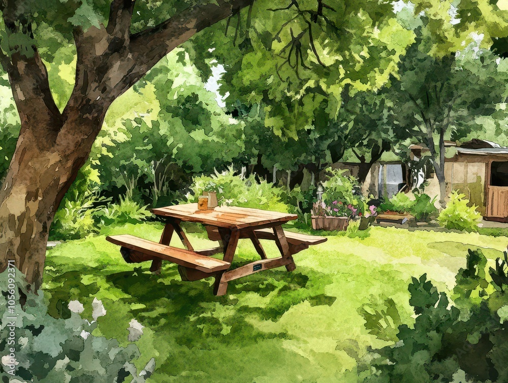 Backyard garden with a picnic table surrounded by greenery, inviting space, watercolor style Backyard garden with a picnic table surrounded by greenery, inviting space, watercolor style