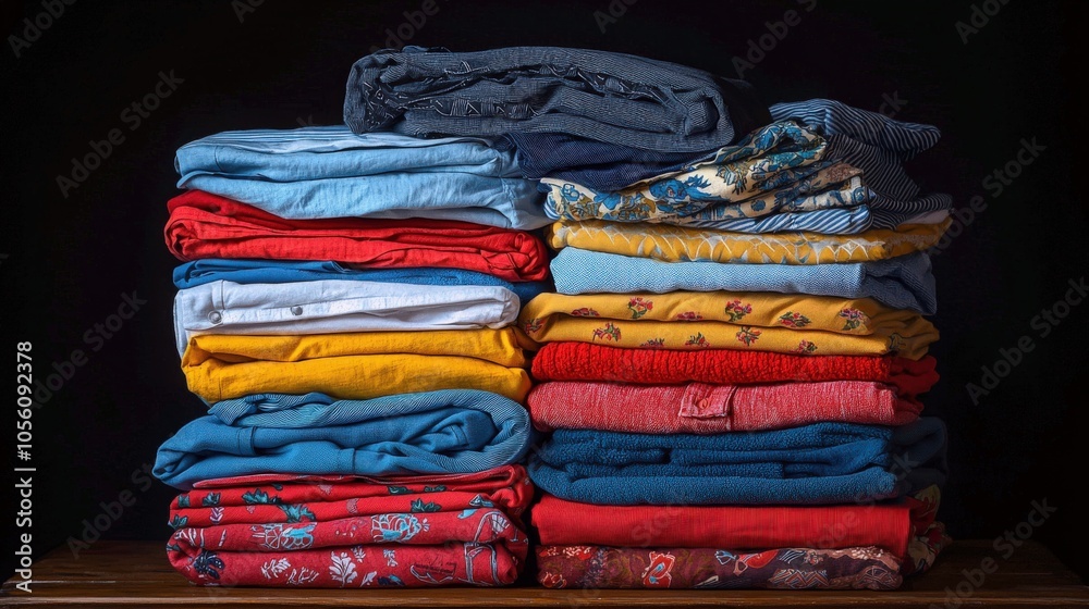 Stacked colorful clothing neatly arranged on a wooden table with a dark background Stacked colorful clothing neatly arranged on a wooden table with a dark background