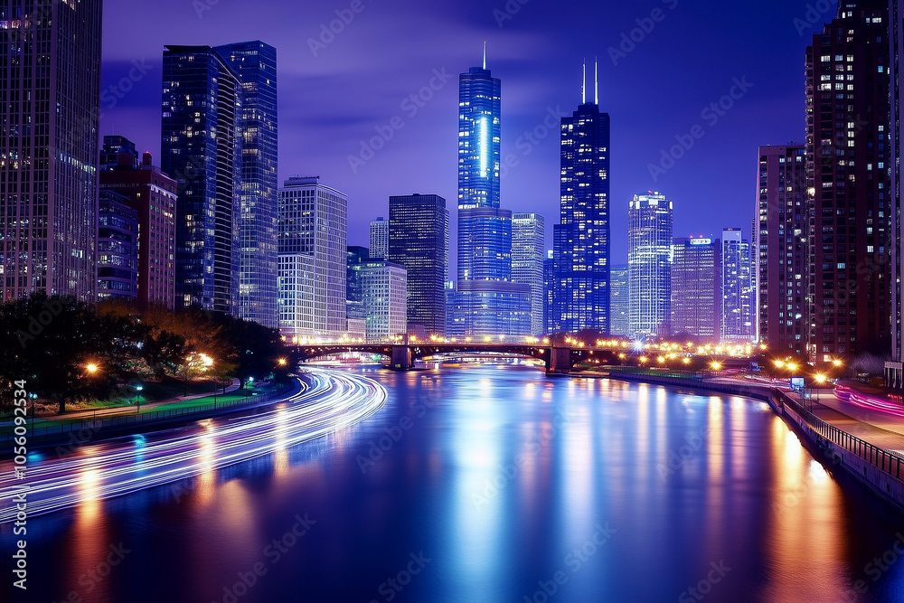 Fototapeta premium City lights create a mesmerizing reflection on the water at night, enhancing the atmosphere. Generative AI