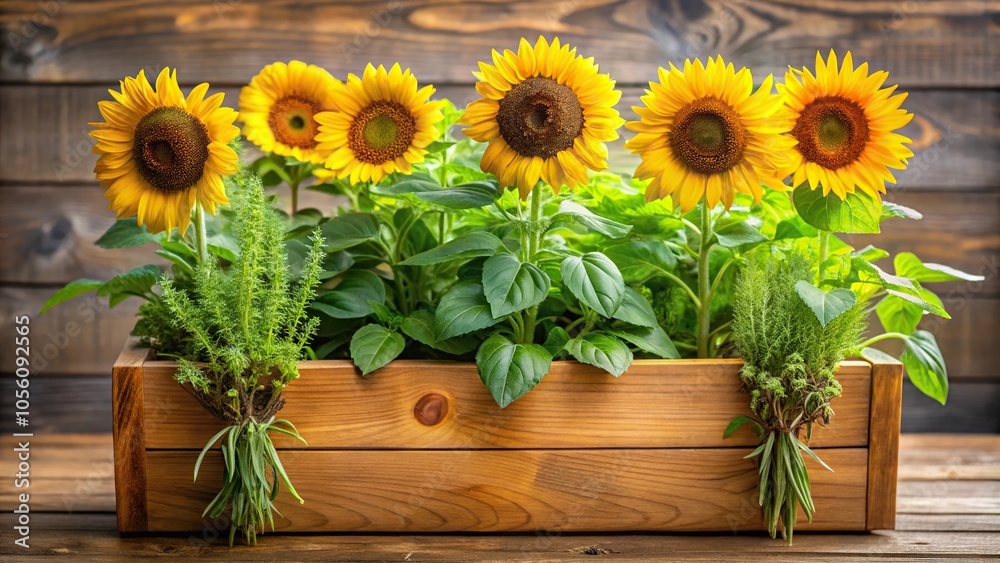 Obraz premium Vibrant sunflowers standing upright in a modern wooden planter with a few potted herbs nearby, bright flowers, tall flowers, flower pot, sunny flowers