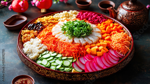 Traditional Chinese New Year Yu Sheng salad. Vibrant Chinese Lou Sang Salad with Fresh Vegetables and Sliced Fish for Celebration