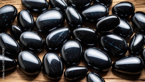 High-resolution photo of apache tears on wood. These volcanic stones are known for grounding and protection, suitable for creative projects featuring mineral energy or crystal collections. photo