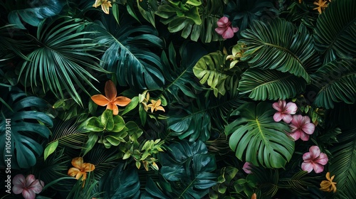 Tropical foliage with vibrant flowers