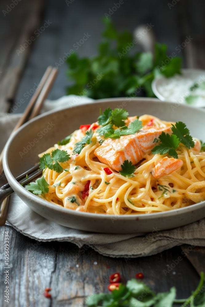 Delicious Pasta With Salmon and Fresh Herbs in a Rustic Dining Setting, Highlighting Vibrant Colors and Textures, Ideal for a Comforting Meal Delicious Pasta With Salmon and Fresh Herbs in a Rustic Dining Setting, Highlighting Vibrant Colors and Textures, Ideal for a Comforting Meal
