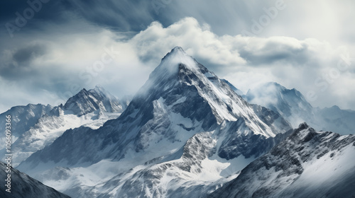 Landscape of mountain peaks summits with snow capped with cloudy