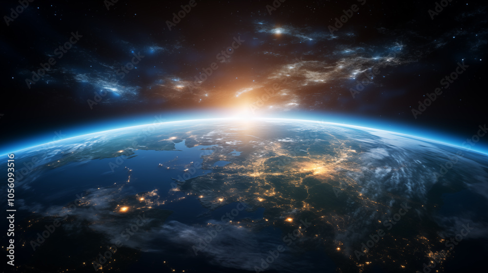 Planet Earth with detailed relief and atmosphere. Blue space background with earth and galaxy. Planet Earth with detailed relief and atmosphere. Blue space background with earth and galaxy.