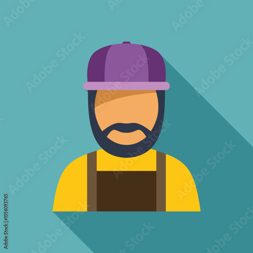 Bearded craftsman with purple cap, yellow shirt and brown apron, flat design illustration on teal background