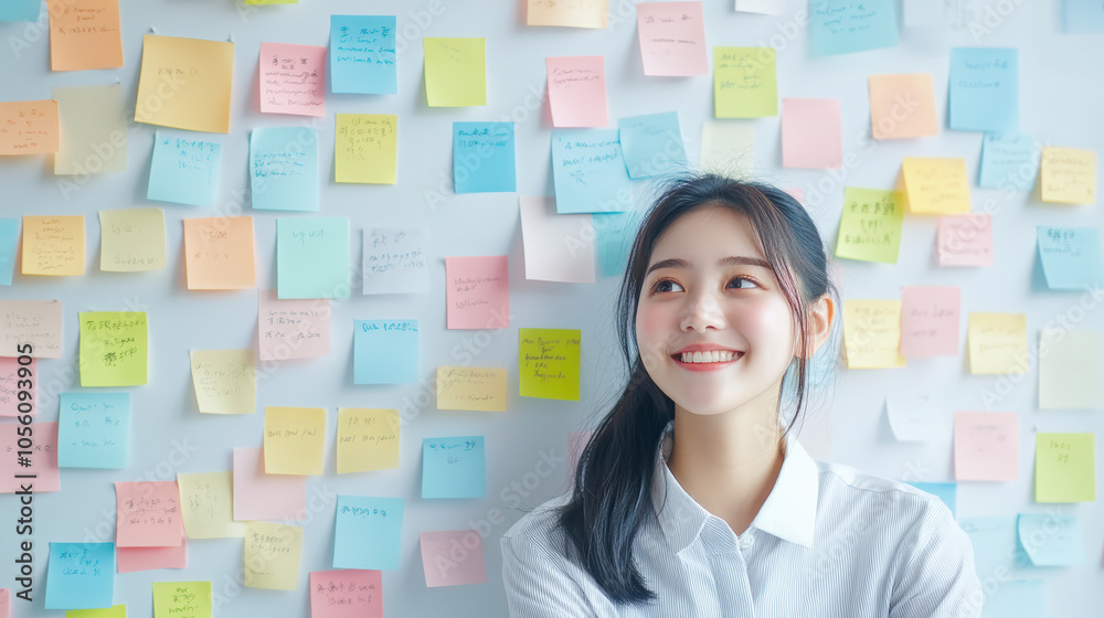 A person smiles while standing in front of a wall covered with colorful sticky notes, each with handwritten messages and reminders. A person smiles while standing in front of a wall covered with colorful sticky notes, each with handwritten messages and reminders.