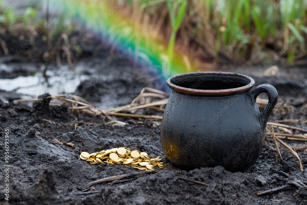 A stunning photograph of a pot of gold located at the end of a colorful rainbow in the sky A stunning photograph of a pot of gold located at the end of a colorful rainbow in the sky