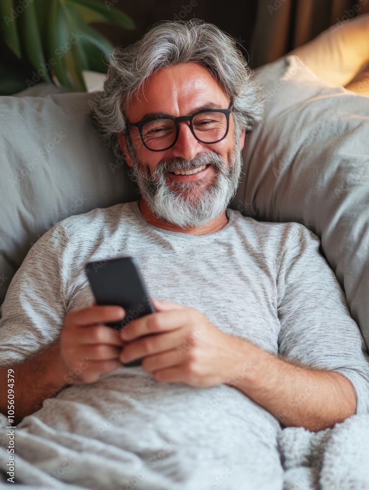 Mature Man Using Smartphone in Bed Mature Man Using Smartphone in Bed