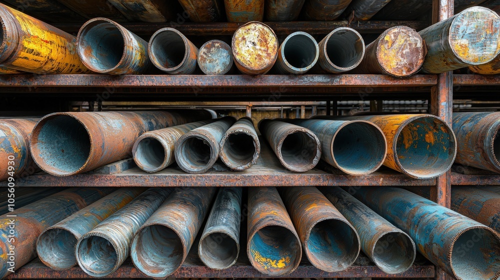 Metal pipes stacked neatly on shelves in a warehouse during daylight hours Metal pipes stacked neatly on shelves in a warehouse during daylight hours