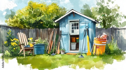 Backyard with a small tool shed, gardening tools leaning against it, watercolor style photo