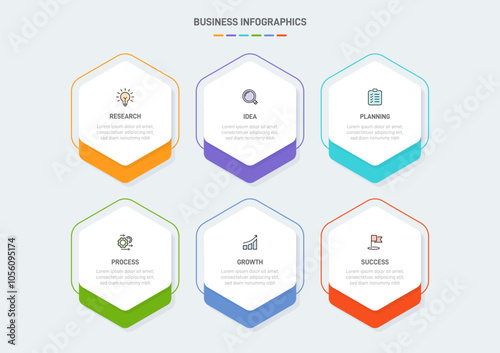 6 clean infographic design shaped elements template, symbolizing the six stages of business strategy and progression. Progress bar or timeline. Vector for presentation, web site or app.