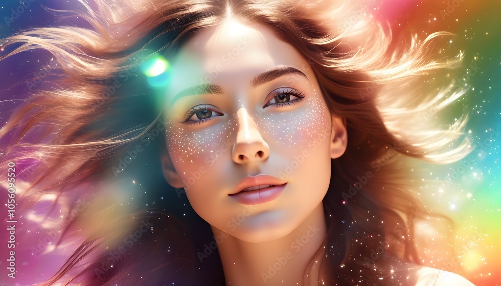 Radiant Fashion Portrait of a Beautiful Girl with Sparkling Makeup and Rainbow Highlights Radiant Fashion Portrait of a Beautiful Girl with Sparkling Makeup and Rainbow Highlights
