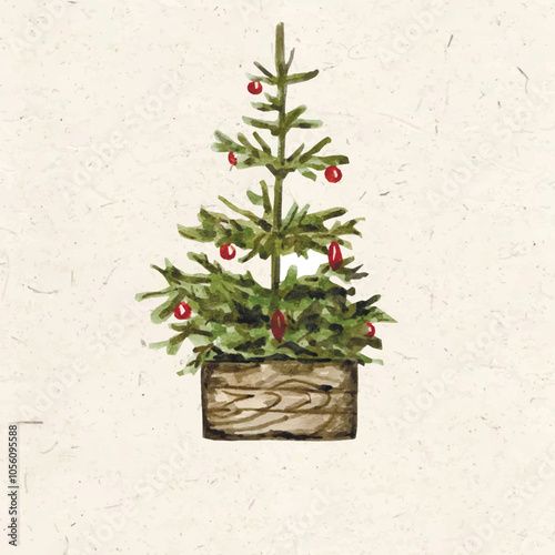 Vector freehand watercolor illustration of a Christmas tree with an empty space for text. Hand drawn watercolour scandinavian tree painting. Hygge card, background 