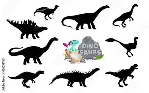 Dinosaur silhouettes with cartoon baby dino in egg shell. Vector prehistoric dino animals of jurassic era. Isolated silhouettes of kentrosaurus, wannanosaurus, monolophosaurus, anchisaurus dinosaurs