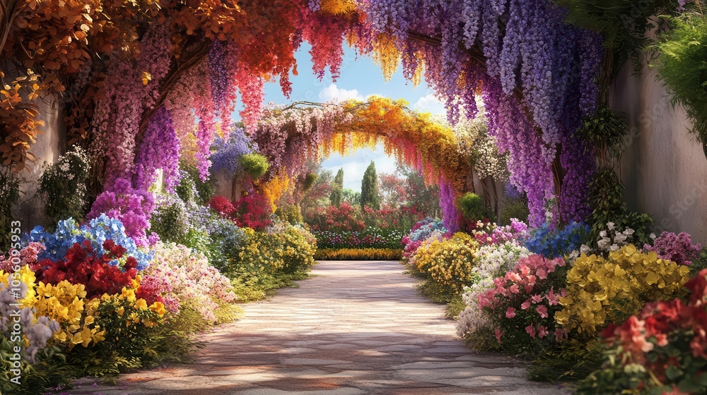 Fototapeta premium Garden archway covered in blooming wisteria, leading to a secret garden, watercolor style