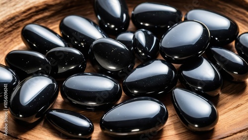 Shiny black apache tears displayed in a calming, natural setting. Their smooth texture and healing symbolism make them ideal for images showcasing holistic or spiritual themes. photo