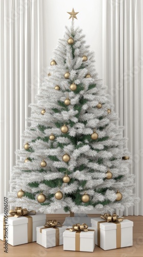 A white Christmas tree stands elegantly in a simple setting, surrounded by golden gifts on the floor, enhancing the serene holiday ambiance created by the curtain wall