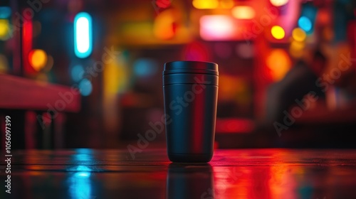 A sleek black cup stands on a reflective surface, illuminated by colorful ambient lights.