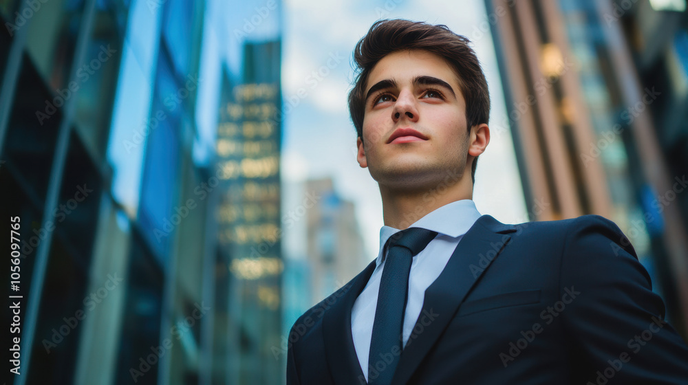 Confident Businessman Looking Forward in a Modern Cityscape Confident Businessman Looking Forward in a Modern Cityscape
