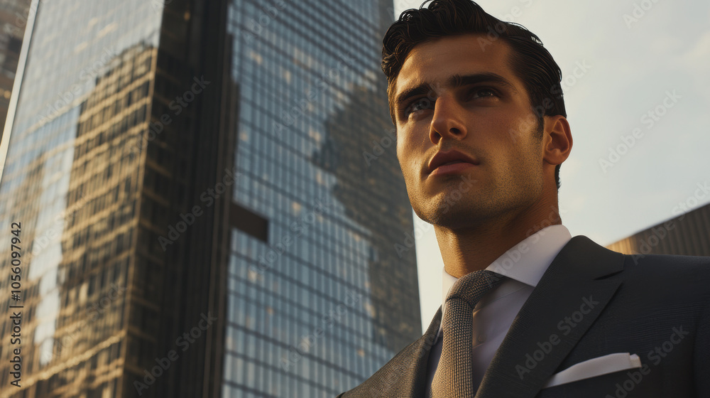 Fototapeta premium Confident Businessman Looking Forward in a Modern Cityscape