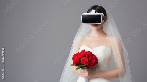 Bride wearing VR headset holding bouquet in wedding attire
