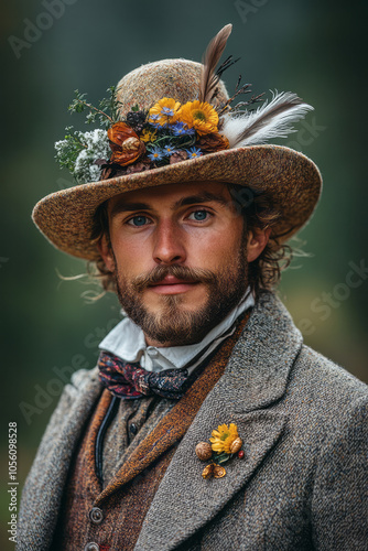 A portrait of a man wearing a traditional Bavarian hat, decorated with a feather and edelweiss flower, standing against a lush green mountain backdrop, evoking the spirit of Alpine culture, photo