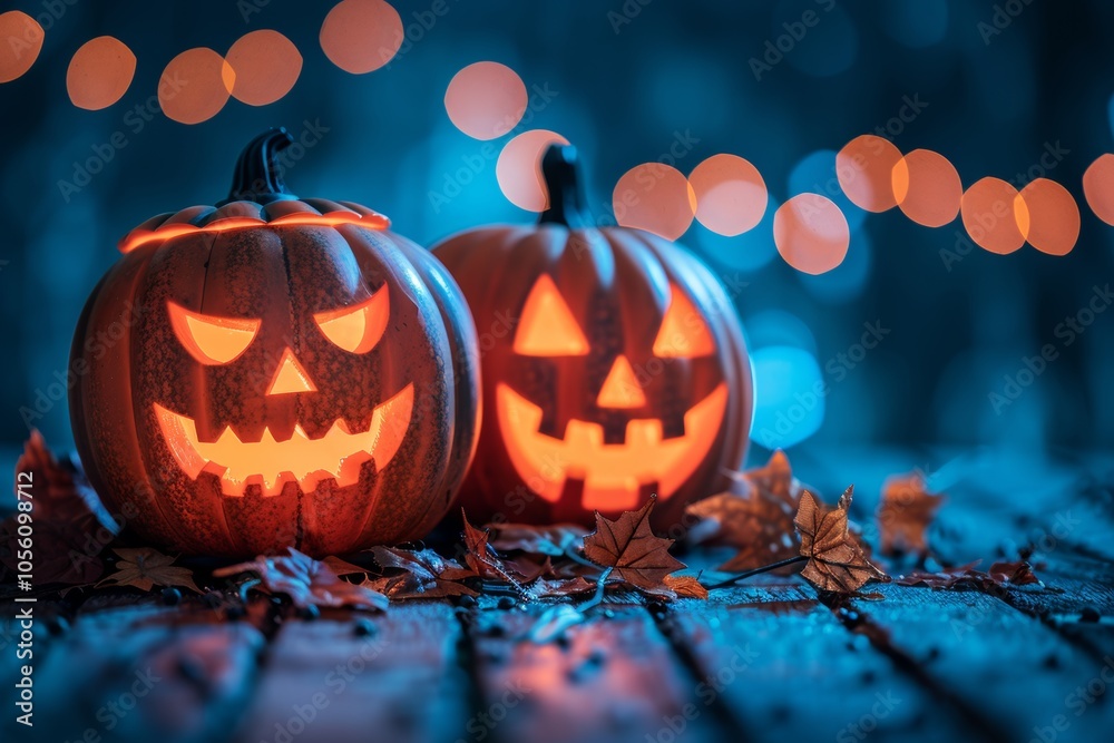 Two Glowing Halloween Pumpkins with Spooky Blue Lights, Creating a Festive Autumn Decoration Two Glowing Halloween Pumpkins with Spooky Blue Lights, Creating a Festive Autumn Decoration