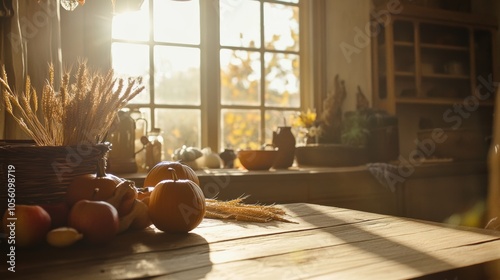 perspective from table level looking at a rustic wooden table filled with harvest items like pumpkins, apples, and wheat photo